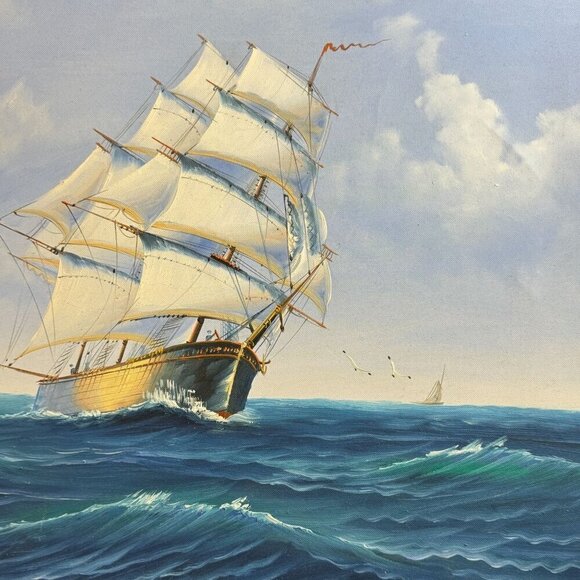 2006 Classic Sailing Ship Artwork on Canvas Oil Painting Framed Size 28" x 24" - Picture 8 of 15